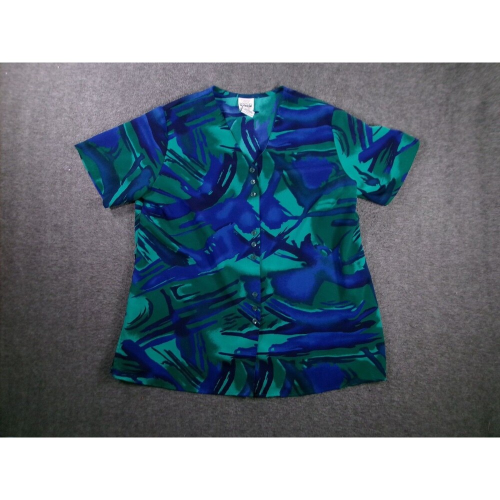 Bentley Plus Blouse Womens 20W Short Sleeve Button V Neck Abstract Green Blue